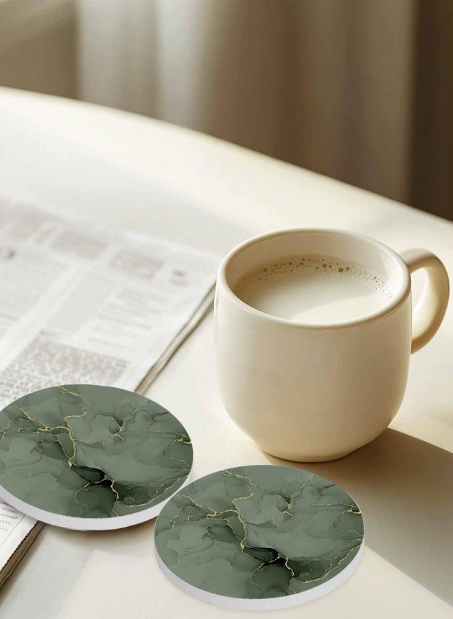 Daleng Coasters for Drinks Set of 4 with Holder Marble Gold Line Watercolour Sage Green Gradient Ceramic Cup Mat Absorbent Ceramic Stone Coasters with Cork Base for Coffee Cups Wooden Table Home Decor 4in - Image 2